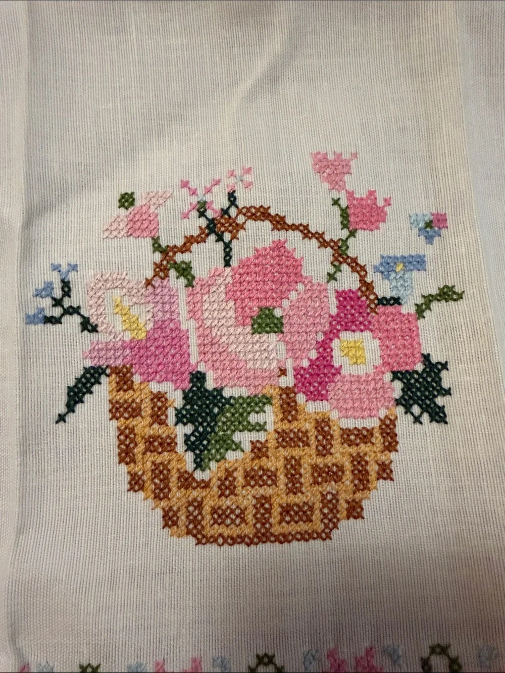 Vintage Linen Towels - Cross Stitch Flower Basket- Set/2 - Pink & Blue
